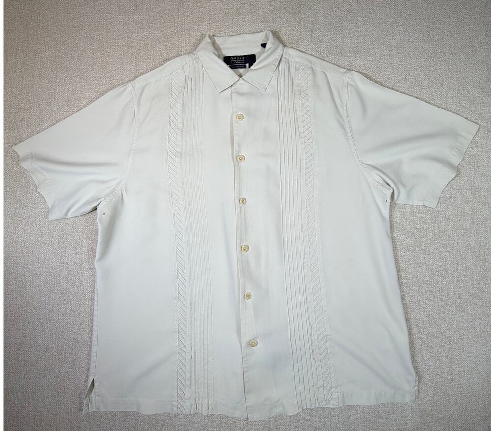 Nat Nast Men XL Cream Silk American Fit Short Sleeve Button Front Bowling Shirt